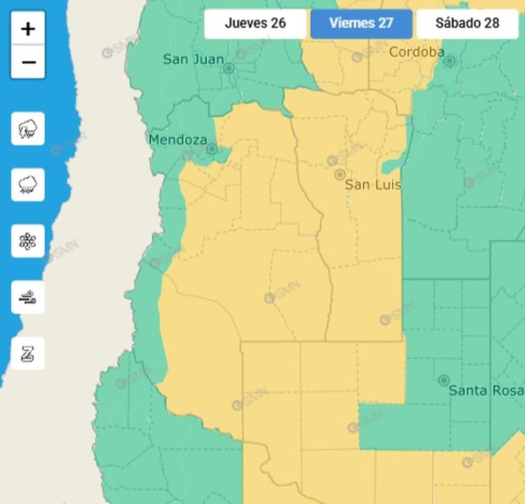El SMN emitió un alerta por tormentas y Zonda para este viernes en Mendoza. El SMN emitió un alerta por tormentas y Zonda para este viernes en Mendoza.