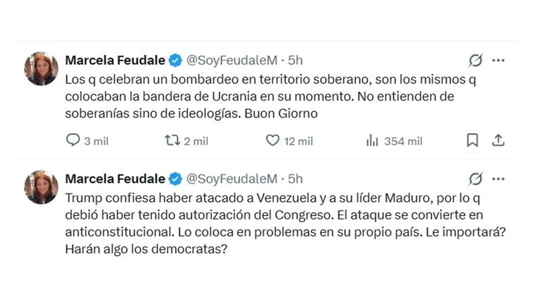 Marcela Feudale utilizó su cuenta de X para cuestionar duramente el accionar de Donald Trump en Venezuela. Marcela Feudale utilizó su cuenta de X para cuestionar duramente el accionar de Donald Trump en Venezuela.