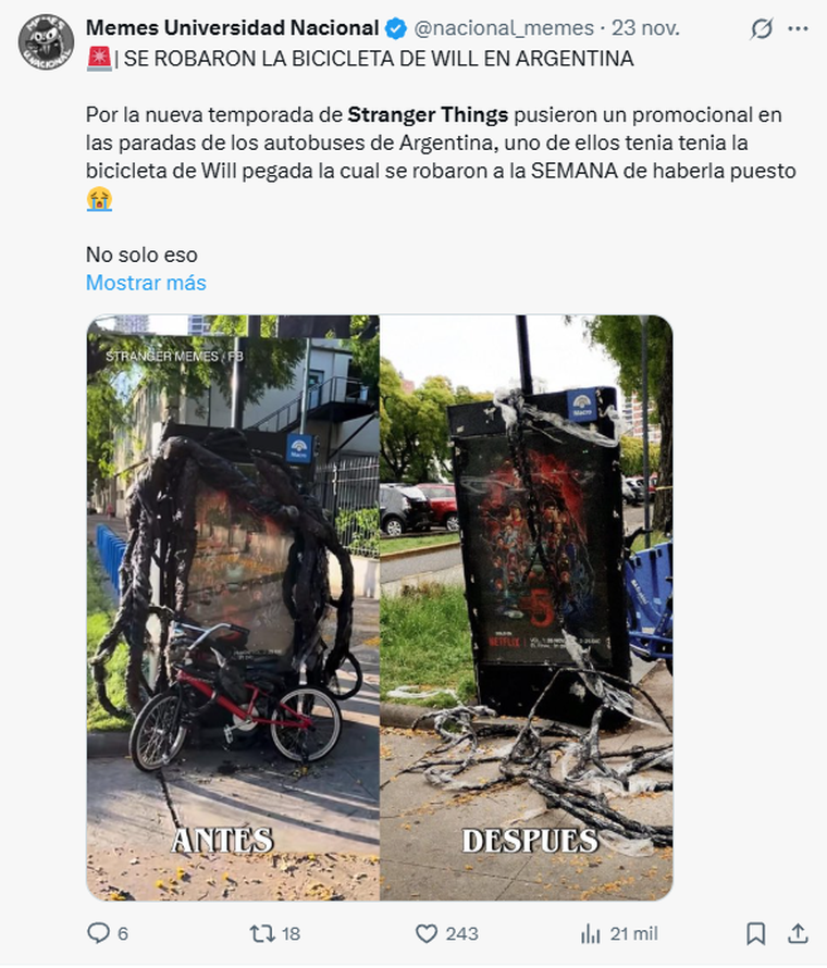 La imagen viral de la bicicleta robada de la intervención de Stranger Things. La imagen viral de la bicicleta robada de la intervención de Stranger Things.