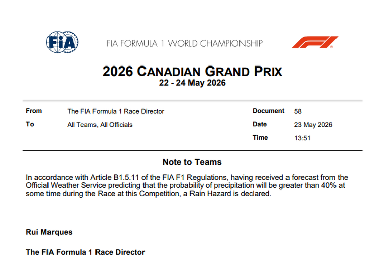 El comunicado de la FIA advirtiendo por posibles lluvias en la qualy del GP de Canadá El comunicado de la FIA advirtiendo por posibles lluvias en la qualy del GP de Canadá