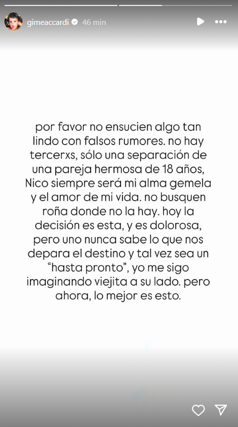 La publicación de Gimena Accardi tras la separación con Nicolás Vázquez. Foto: captura de pantalla Instagram/ @gimeaccardi. La publicación de Gimena Accardi tras la separación con Nicolás Vázquez. Foto: captura de pantalla Instagram/ @gimeaccardi. 