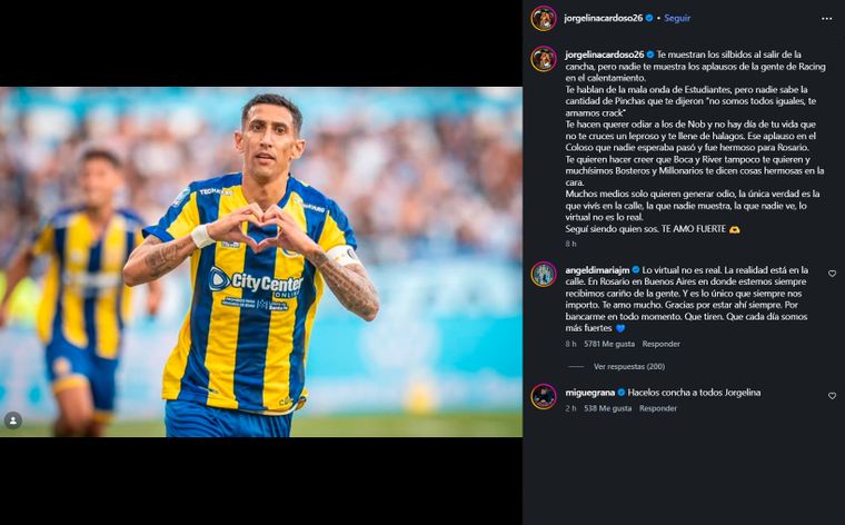 El posteo de Jorgelina Cardoso y el comentario de Ángel Di María. El posteo de Jorgelina Cardoso y el comentario de Ángel Di María.