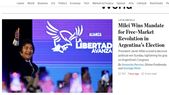 Los primeros titulares que llegaron desde Estados Unidos sobre la victoria libertaria. Fuente: WSJ Los primeros titulares que llegaron desde Estados Unidos sobre la victoria libertaria. Fuente: WSJ