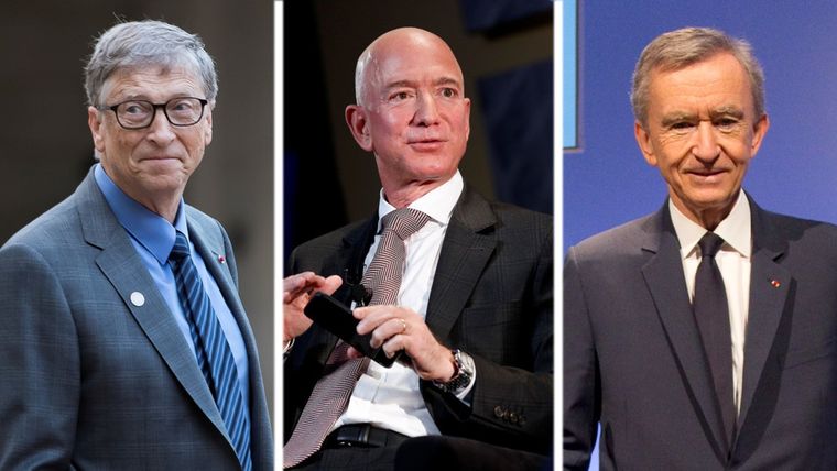 Bill Gates (izquierda), Jeff Bezos (centro) y Bernard Arnault (derecha).