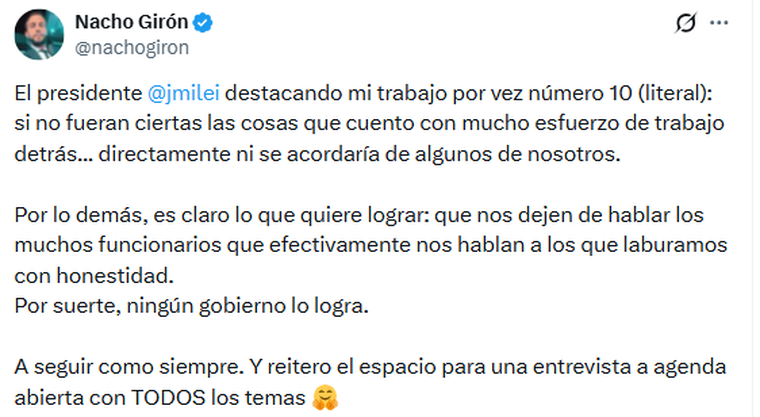 La respuesta del periodista a Javier Milei. La respuesta del periodista a Javier Milei.