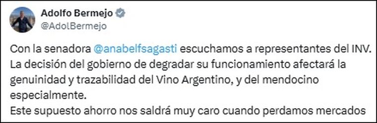 El posteo de Adolfo Bermejo en X tras la reunión El posteo de Adolfo Bermejo en X tras la reunión