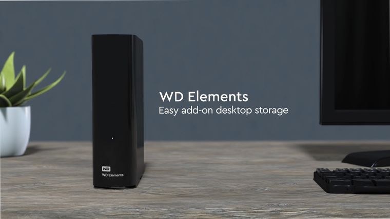 El WD Elements Desktop ofrece hasta 20 TB de almacenamiento con alimentaci&oacute;n dedicada.