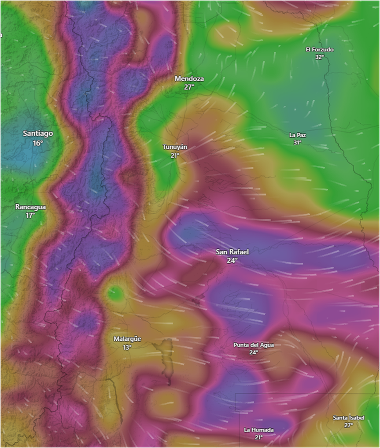 El pronóstico de Windy adelanta que habrá ráfagas de hasta 75 km/h. El pronóstico de Windy adelanta que habrá ráfagas de hasta 75 km/h.