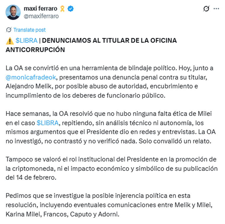 Maximiliano Ferraro denunció al titular de la Oficina Anticorrupción Maximiliano Ferraro denunció al titular de la Oficina Anticorrupción