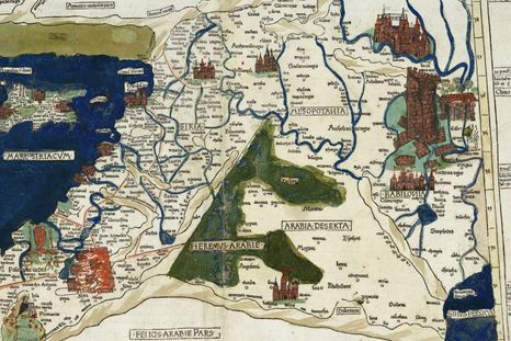 Mapa de Ptolomeo que muestra la región de la Luna Creciente Fértil (con ilustraciones adicionales dibujadas a mano en 1486).