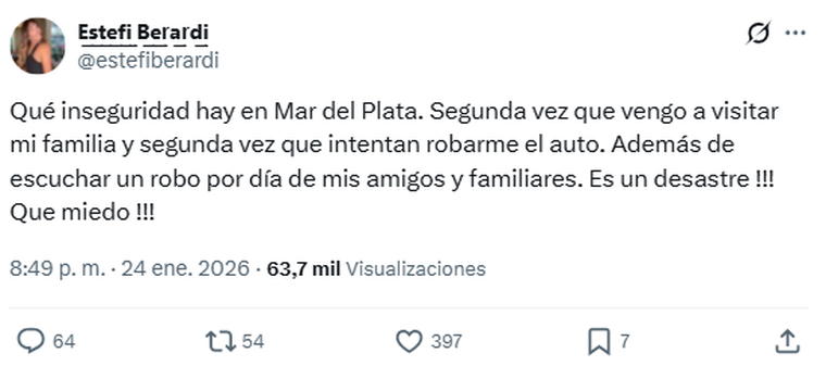 Le intentaron robar el auto a Estefan&iacute;a Berardi.&nbsp; &nbsp;