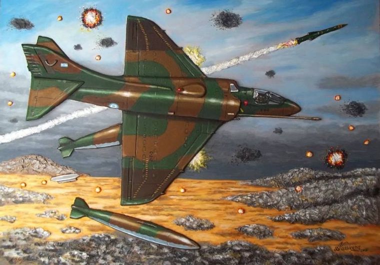 Pintura de Alberto Nassivera que representa el momento en el que el “Tucu” Cervera eyecta suscargas externas (los tanques externos de combustible o drops, y las fijaciones subalares endonde portaba las bombas ya arrojadas) y rompe bruscamente por derecha para eludir el misildel que fue advertido por Dellepiane. Foto: del Capitán VGM (R) Luis Cervera.
