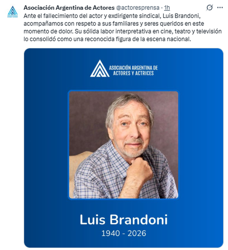 La Asociación de Actores y Actrices de Argentina lo despidieron en las redes sociales. La Asociación de Actores y Actrices de Argentina lo despidieron en las redes sociales.