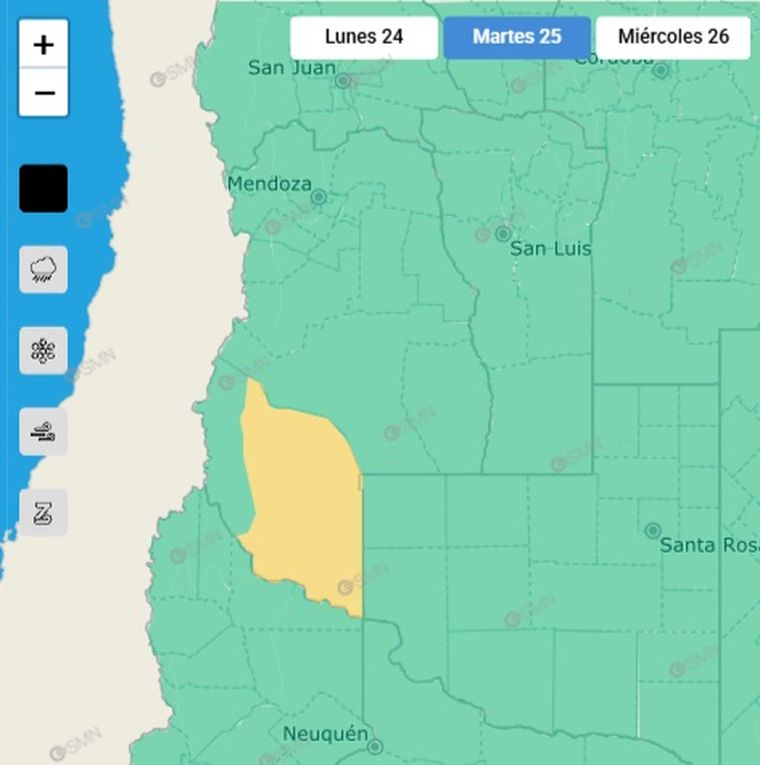El SMN emitió un alerta por tormentas en el sur de Mendoza para este martes. El SMN emitió un alerta por tormentas en el sur de Mendoza para este martes.