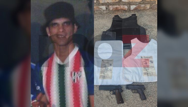 Rodrigo Arancibia Correa, el asaltante detenido en Guaymallén y el chaleco incautado. 