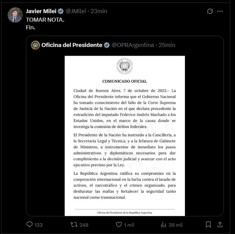 El posteo de Milei sobre Machado El posteo de Milei sobre Machado