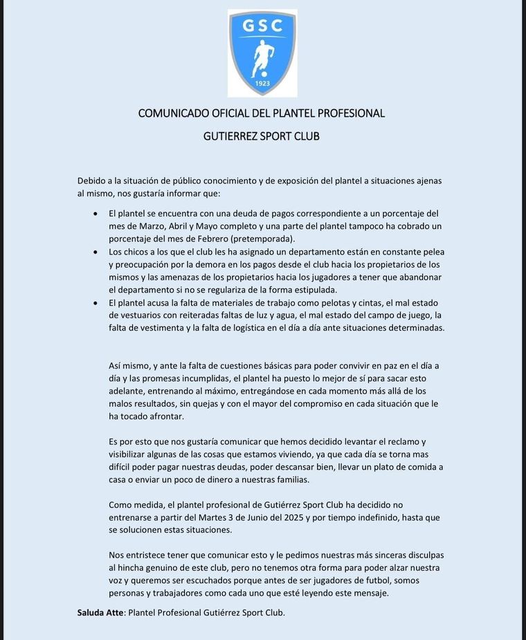 El comunicado del plantel de Gutiérrez Sport Club. El comunicado del plantel de Gutiérrez Sport Club.