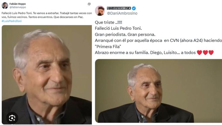 Los mensajes de Fabián Veppo y Daniel Ambrosino tras la muerte de Luis Pedro Toni. Los mensajes de Fabián Veppo y Daniel Ambrosino tras la muerte de Luis Pedro Toni.
