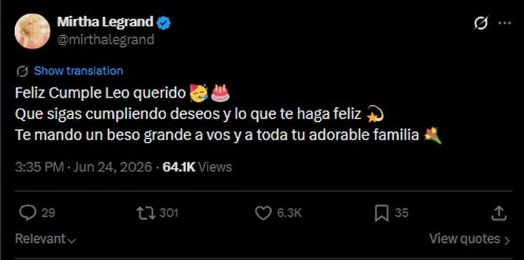 Legrand y su deseo para el astro del fútbol. Legrand y su deseo para el astro del fútbol.