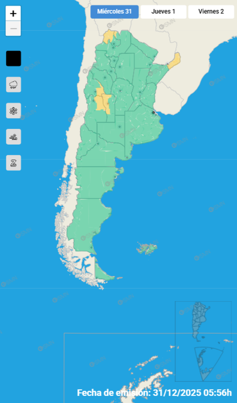 Las zonas marcadas en amarillo indican las áreas de las provincias donde se esperan lluvias más intensas durante la noche del 31, según el Servicio Meteorológico Nacional. Las zonas marcadas en amarillo indican las áreas de las provincias donde se esperan lluvias más intensas durante la noche del 31, según el Servicio Meteorológico Nacional.