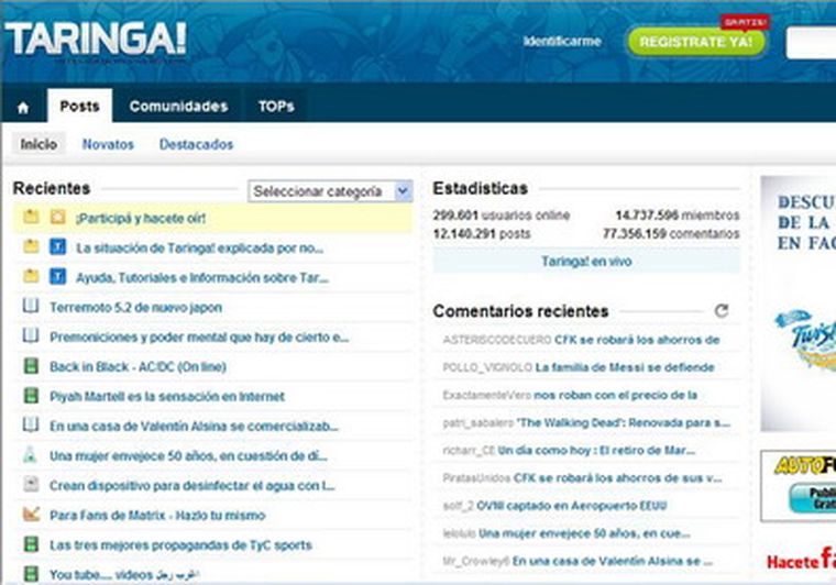 Home de Taringa.net.