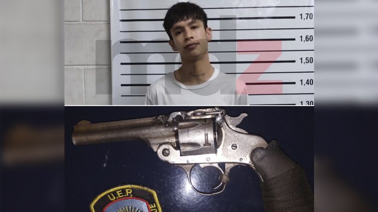 Pablo Galdames, el detenido, y el arma incautada en Las Heras. 