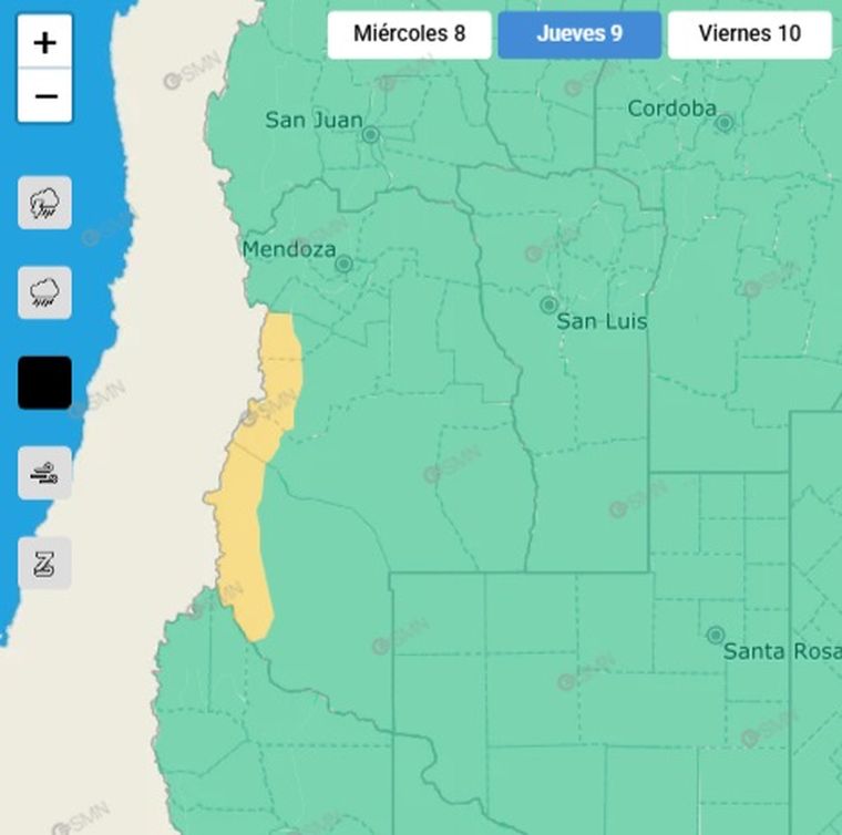 El SMN emitió un alerta por nevadas para este jueves en Mendoza.