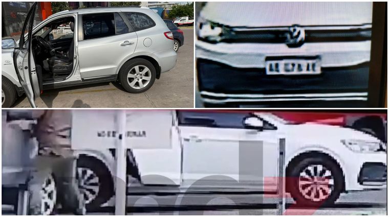 La camioneta de la víctima del robo y las imágenes captadas por las cámaras de seguridad del Volkswagen Virtus en el que se movían los ladrones.&nbsp;