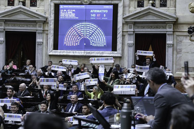 Diputados muestran la Boleta Única de Papel tras la aprobación de la ley. Foto: Noticias Argentinas