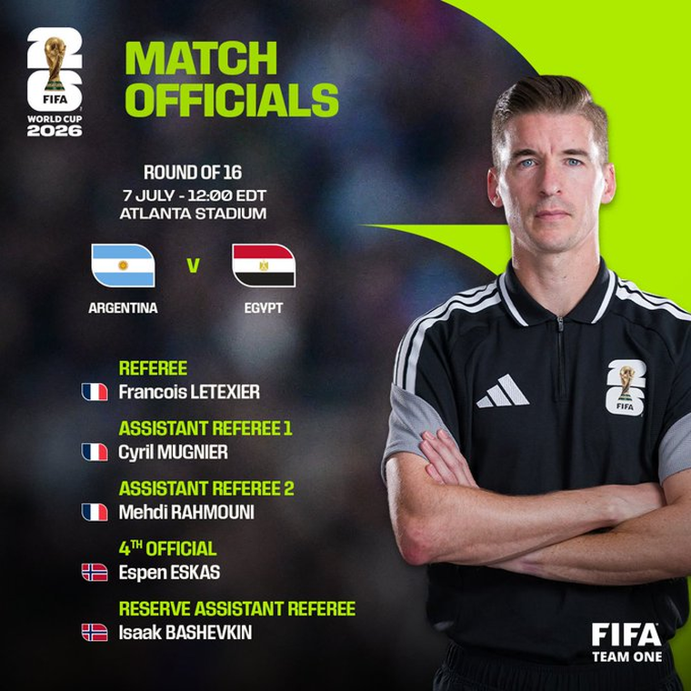 La terna arbitral para el partido entre la Selección argentina y Egipto por los octavos de final del Mundial 2026. La terna arbitral para el partido entre la Selección argentina y Egipto por los octavos de final del Mundial 2026.
