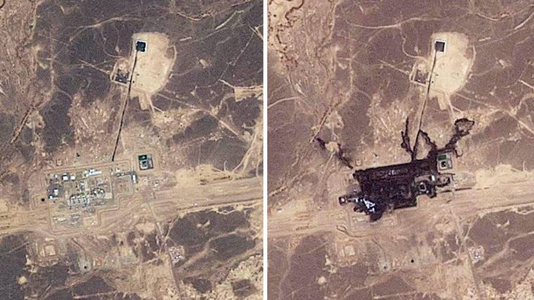 Las imágenes satelitales muestran el área donde el oleoducto Este-Oeste fue impactado antes (izquierda) y después.