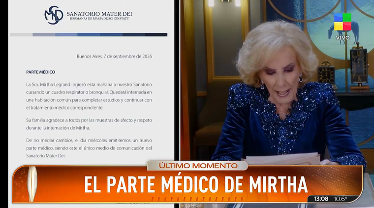 El parte médico de Mirtha Legrand. El parte médico de Mirtha Legrand.
