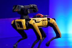 Un robot de Boston Dynamics camina alrededor del escenario en la conferencia en vivo del WSJTECH en Laguna Beach, California, EE.UU. 21 de octubre de 2019.