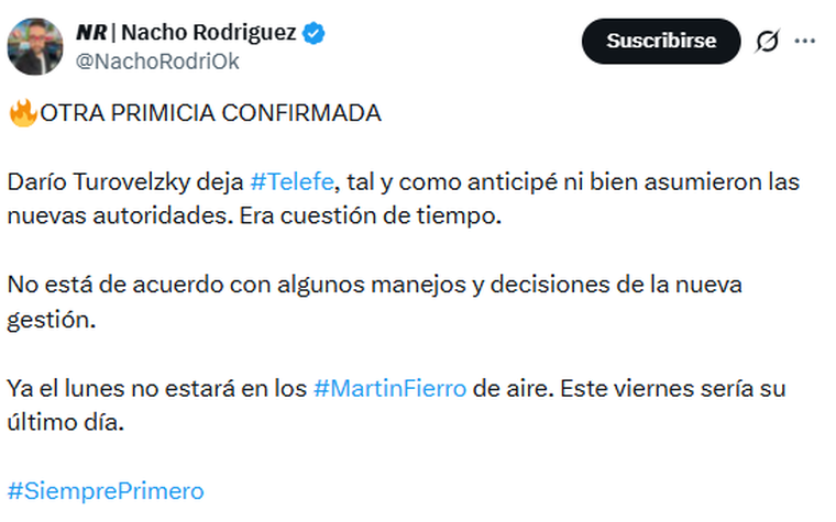 Darío Turovelzky se despide de Telefe. Darío Turovelzky se despide de Telefe. 