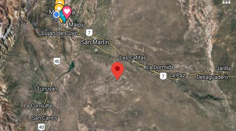 Epicentro del sismo de magnitud 2.9 ocurrido en la tarde de hoy en el este mendocino.