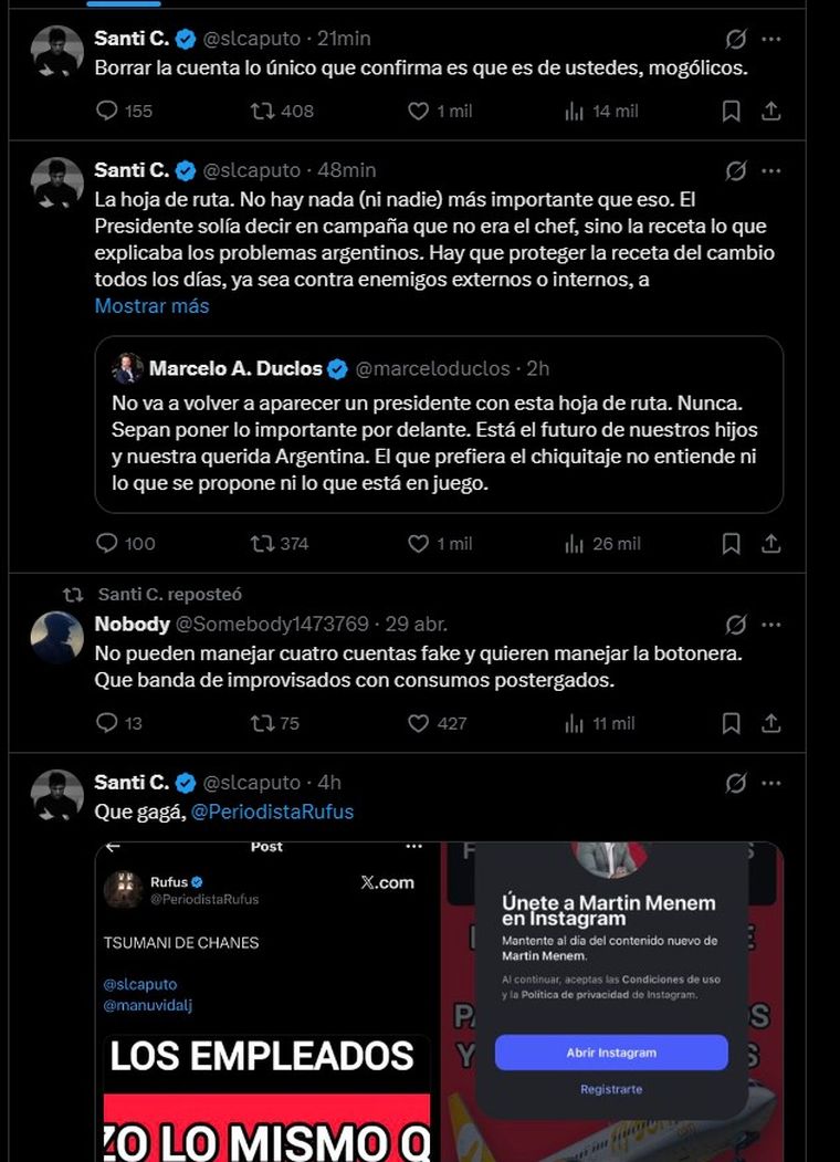 Los mensajes de Santiago Caputo en X Los mensajes de Santiago Caputo en X