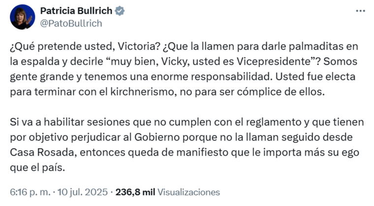 Patricia Bullrich retrucó a Victoria Villarruel. Patricia Bullrich retrucó a Victoria Villarruel.