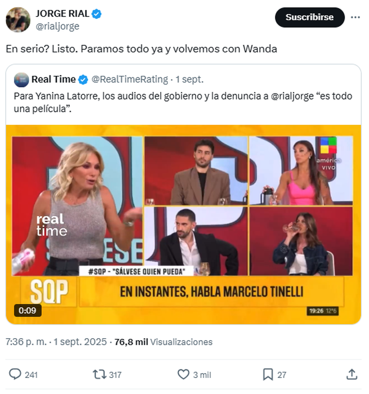 El posteo de Jorge Rial tras los dichos de Yanina Latorre. Foto: captura de pantalla Twitter/ @rialjorge. El posteo de Jorge Rial tras los dichos de Yanina Latorre. Foto: captura de pantalla Twitter/ @rialjorge.