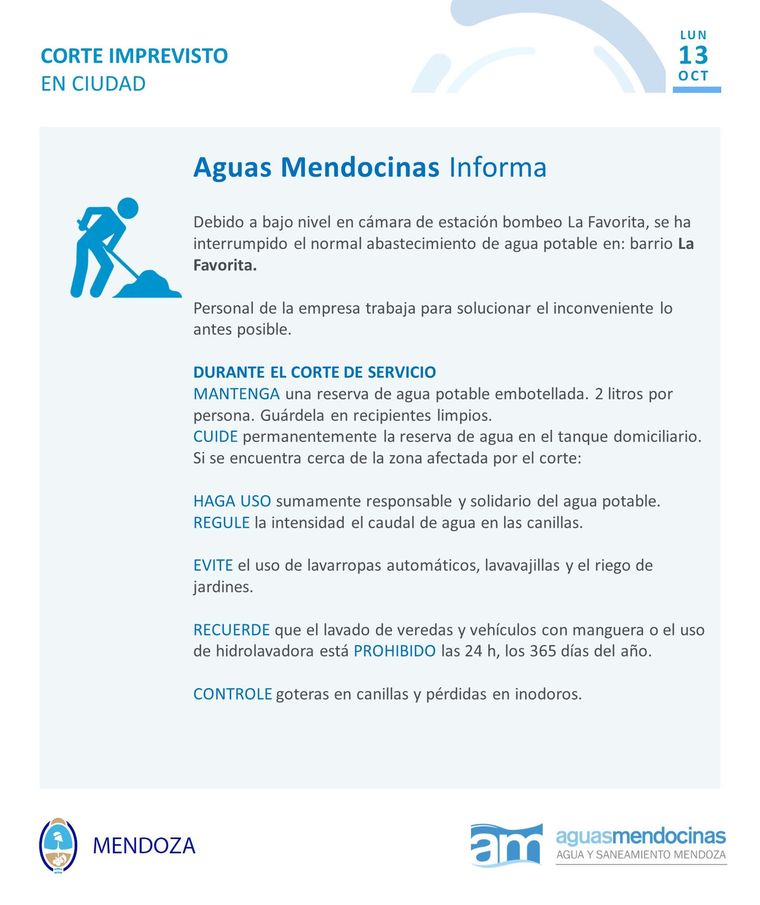 Aysam informó un corte imprevisto por baja presión en la estación de bombeo, pero los vecinos aseguran que llevan más de tres días sin agua. Aysam informó un corte imprevisto por baja presión en la estación de bombeo, pero los vecinos aseguran que llevan más de tres días sin agua.
