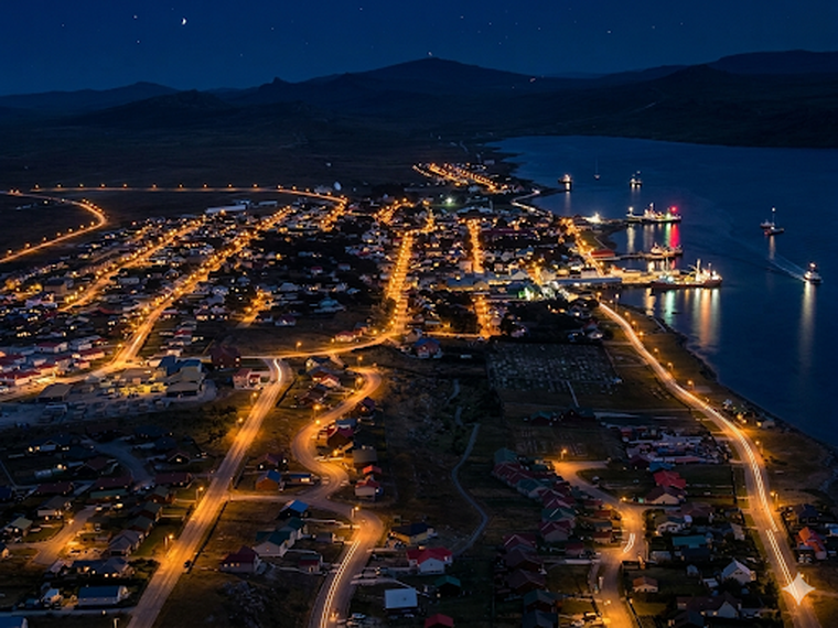 Recreación de Puerto Argentino de noche, como la veía Esteban Vilgré Lamadrid en su relato. Fuente: Imagen tratada con Gemini Recreación de Puerto Argentino de noche, como la veía Esteban Vilgré Lamadrid en su relato. Fuente: Imagen tratada con Gemini