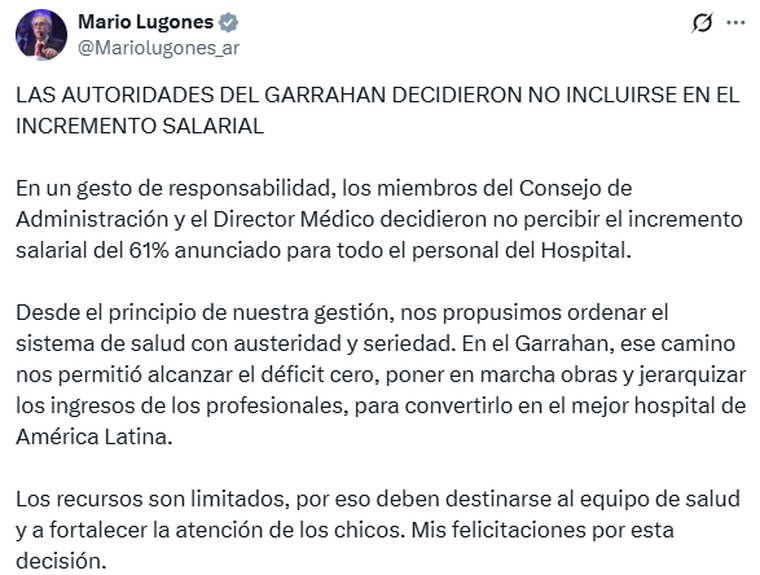 El mensaje del ministro de Salud, Mario Lugones, tras la decisión de las autoridades del hospital. El mensaje del ministro de Salud, Mario Lugones, tras la decisión de las autoridades del hospital.