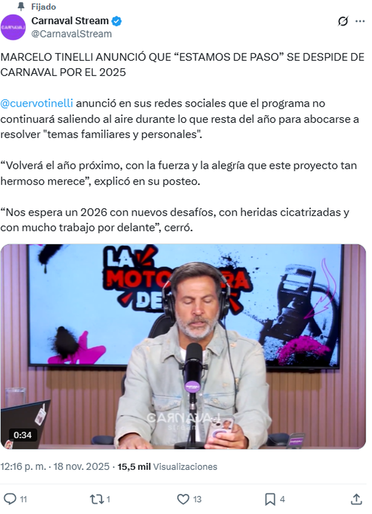 Marcelo Tinelli se despidió de Carnaval Stream. Foto: captura de pantalla X / @CarnavalStream. Marcelo Tinelli se despidió de Carnaval Stream. Foto: captura de pantalla X / @CarnavalStream.