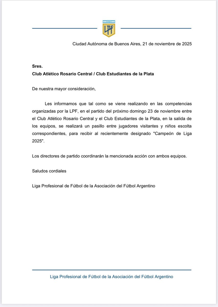 El documento que publicó Toviggino en su cuenta de X que obliga a Estudiantes a hacerle un pasillo a Central. Foto: @TovigginoPablo
