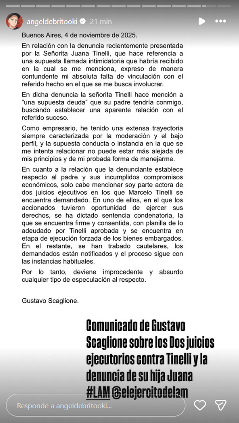 Gustavo Scalgione realizó un escrito tras ser denunciado por Juanita Tinelli. Gustavo Scalgione realizó un escrito tras ser denunciado por Juanita Tinelli. 