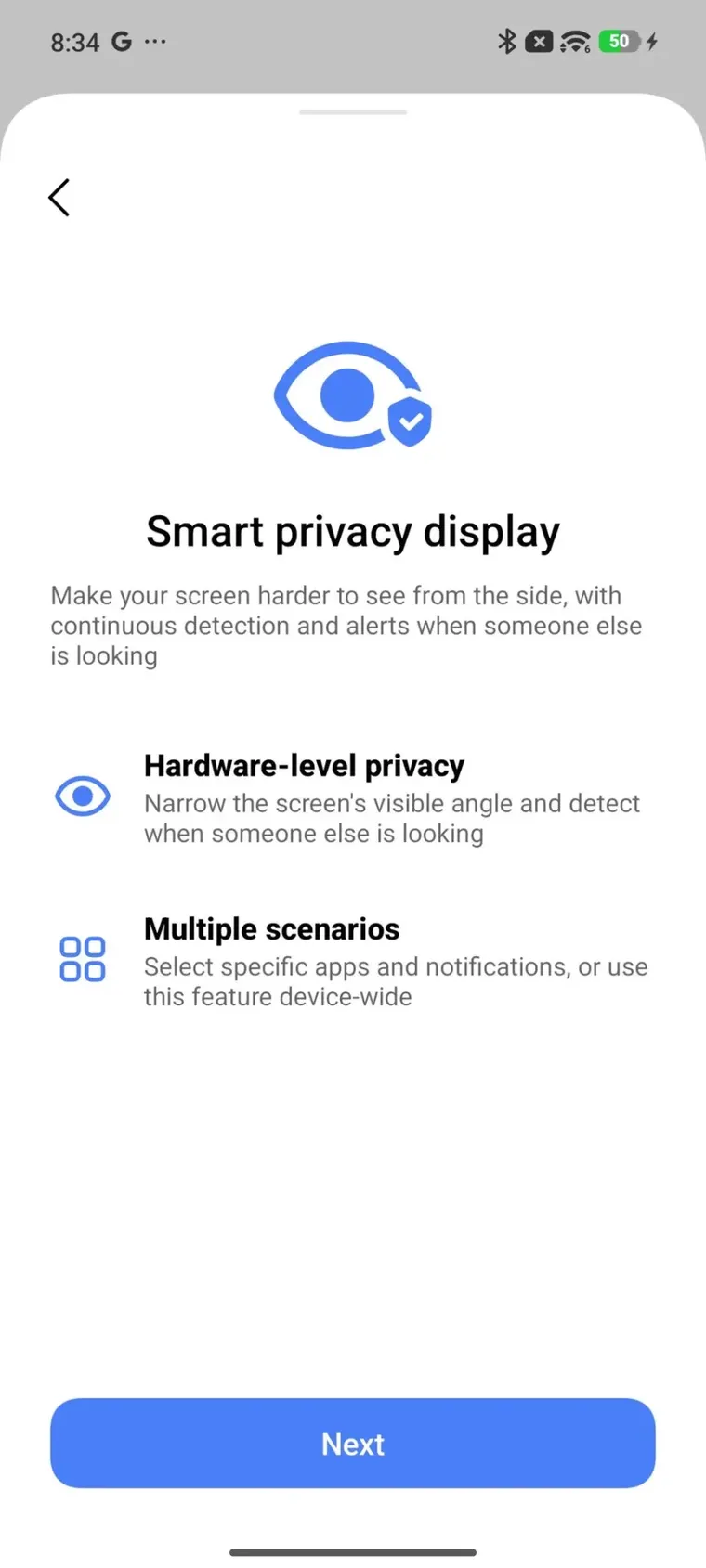 El sistema Privacy Display oscurece el panel para impedir que terceros lean los mensajes privados. El sistema Privacy Display oscurece el panel para impedir que terceros lean los mensajes privados.