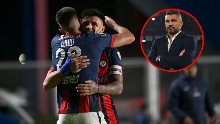 Bareiro y Cuello, goleadores de la noche en la victoria de San Lorenzo, se funden en un abrazo. Foto: Fotobaires