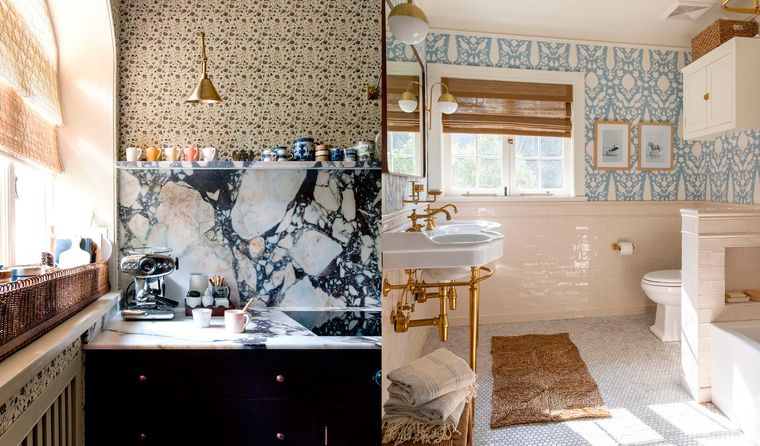 Empapelar la cocina para agregarle calidez y carácter (izq) y empapelar para agregar suavidad a un baño (der). Créditos: Empapelar la cocina para agregarle calidez y carácter (izq) y empapelar para agregar suavidad a un baño (der). Créditos: