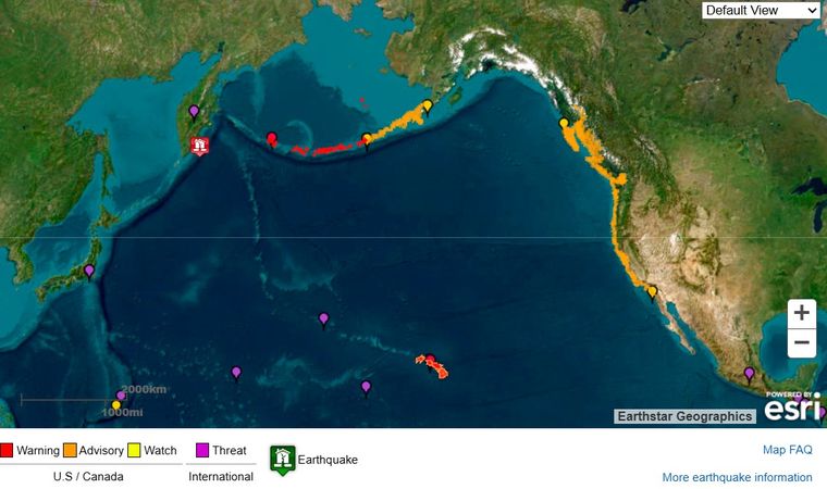 Imagen cedida por el Servicio Meteorológico Nacional (NOAA) de los Estados Unidos y su Sistema de Alerta de Tsunamis que muestra el punto origen del terremoto de magnitud 8,8 este martes, en la península rusa de Kamchatka (Rusia) y las posibles áreas de impacto de tsunami. Imagen cedida por el Servicio Meteorológico Nacional (NOAA) de los Estados Unidos y su Sistema de Alerta de Tsunamis que muestra el punto origen del terremoto de magnitud 8,8 este martes, en la península rusa de Kamchatka (Rusia) y las posibles áreas de impacto de tsunami.