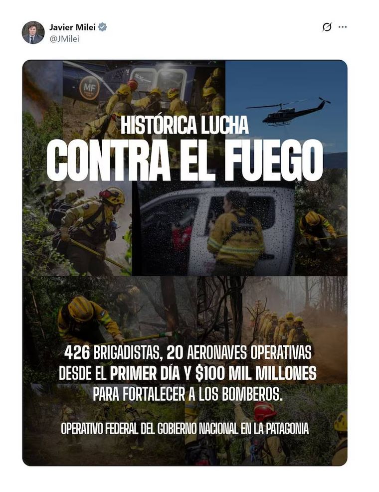 El posteo de Javier Milei sobre los incendios El posteo de Javier Milei sobre los incendios