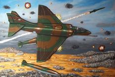 Pintura de Alberto Nassivera que representa el momento en el que el “Tucu” Cervera eyecta suscargas externas (los tanques externos de combustible o drops, y las fijaciones subalares endonde portaba las bombas ya arrojadas) y rompe bruscamente por derecha para eludir el misildel que fue advertido por Dellepiane. Foto: del Capitán VGM (R) Luis Cervera.